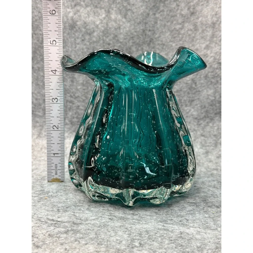 Vintage Teal Bullicante Art Glass Vase Ruffled Handkerchief Controlled Bubble